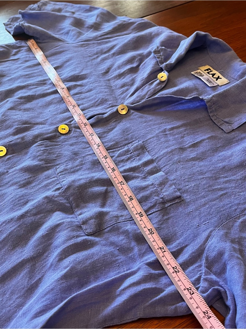 Flax Blue Linen Short-Sleeve Button-Down Shirt with Chest Pocket - Picture 4 of 6